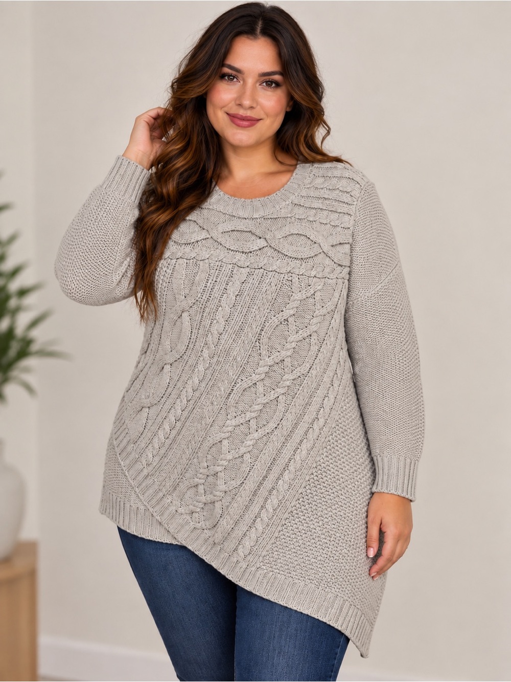 Simply Vera Vera Wang Gray Metallic Shimmer Cable Knit Tunic Sweater 2x